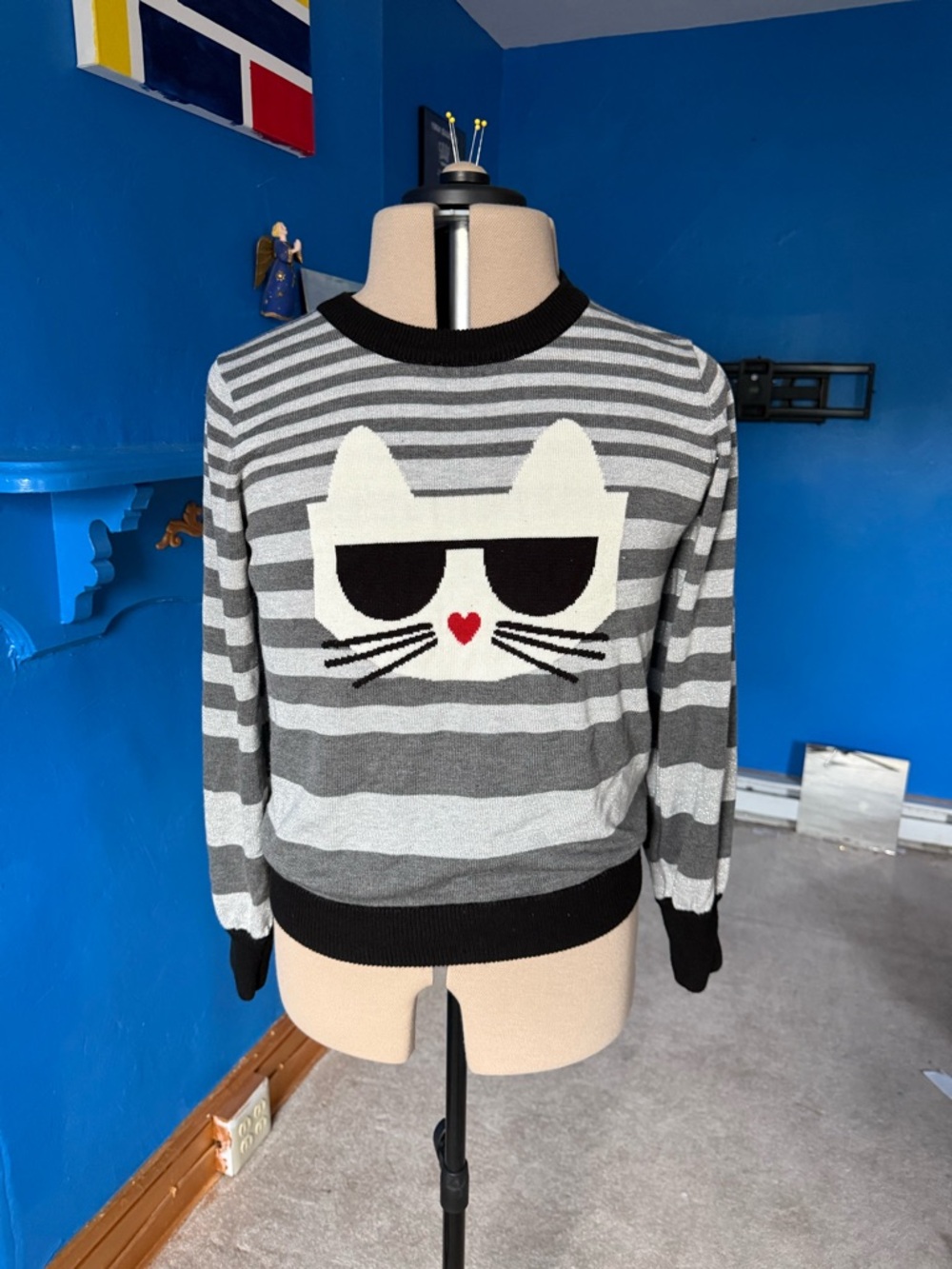 Karl Lagerfeld Gray and Silver Striped Cat Sweater with Red Heart Accent